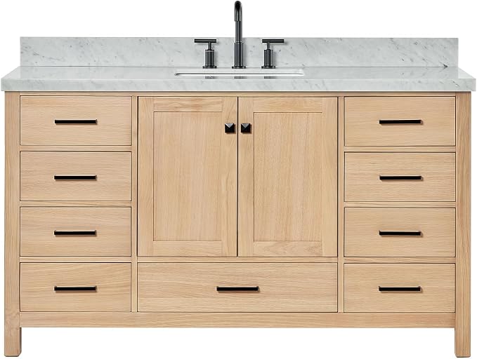 ARIEL Cambridge 60-inch Bathroom Vanity with Sink,Solid Wood, 1.5-inch Italian Carrara Marble Countertop, Single Rectangular Porcelain Sink, 2 Soft Closing Doors, 9 Dovetail Drawers, White Oak