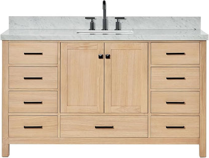 ARIEL Cambridge 60-inch Bathroom Vanity with Sink,Solid Wood, 1.5-inch Italian Carrara Marble Countertop, Single Rectangular Porcelain Sink, 2 Soft Closing Doors, 9 Dovetail Drawers, White Oak