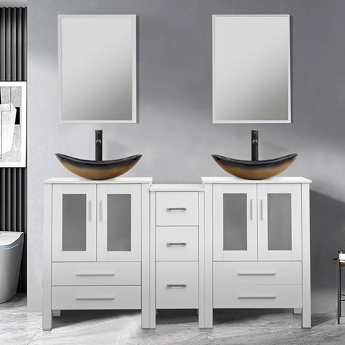 UEV 60" Double Sink Bathroom Vanity,White Bathroom Vanity with Double Side Vanity Cabinets & Removable 3 Drawer Storage Cabinet with Modern Vessel Sink,Mirror Not Included(029CH)