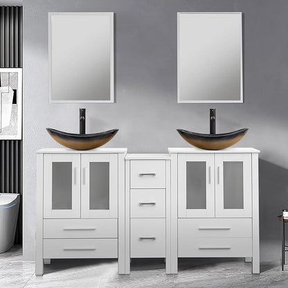 UEV 60" Double Sink Bathroom Vanity,White Bathroom Vanity with Double Side Vanity Cabinets & Removable 3 Drawer Storage Cabinet with Modern Vessel Sink,Mirror Not Included(029CH)