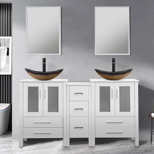 UEV 60" Double Sink Bathroom Vanity,White Bathroom Vanity with Double Side Vanity Cabinets & Removable 3 Drawer Storage Cabinet with Modern Vessel Sink,Mirror Not Included(029CH)