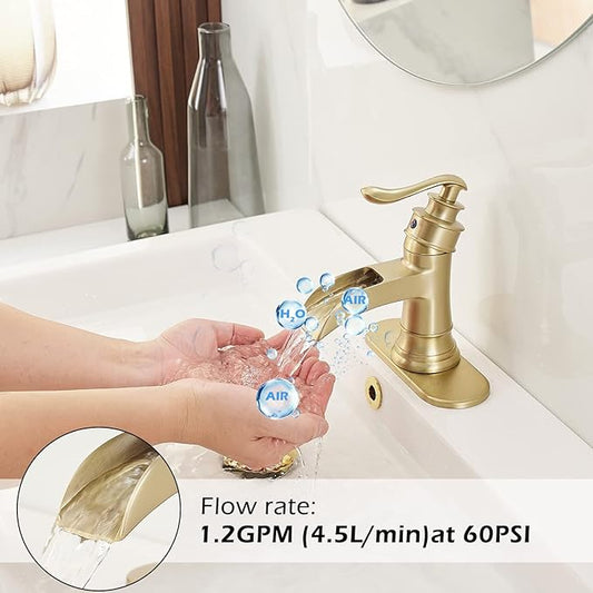 BWE Brushed Gold Bathroom Faucet Waterfall Bathroom Sink Faucet with Pop Up Drain Single Handle Deck Plate for 1 or 3 Hole Vanity Farmhouse Mixer Tap 1.2 GPM [Fits All States, California Included]