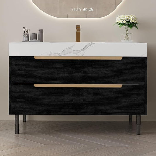 36" Bathroom Vanity with Undermount Sink Set, Modern 2-in-1 Wall Mounted & Freestanding Bathroom Vanity Cabinet with Sintered Stone top&4 Storage Drawers, Single Bathroom Sink Cabinet