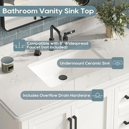 42 Inch Bathroom Vanity with Sink, Farmhouse Bathroom Vanity Set with Quartz Countertop, Painted Bathroom Storage Cabinet with Soft Closing Doors & Dovetail Pine Drawers, White
