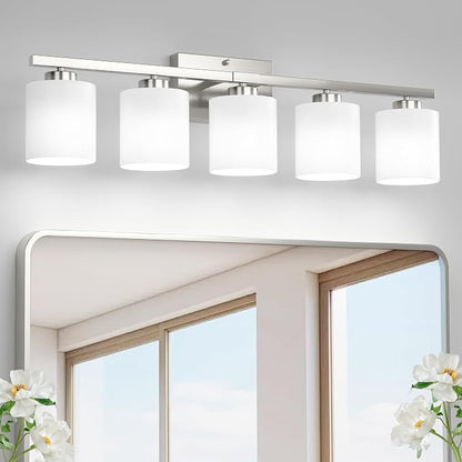 Honesorn 5-Light Bathroom Vanity Light, Anti-Rust Bathroom Light Fixtures | Bathroom Light Over Mirror, Milky White Frosted Shades, Brushed Nickel, E26 Socket(Bulbs Not Included)