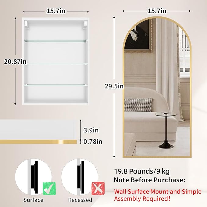 FKWin Medicine Cabinet with Mirror, Surface Mount Arched Design, 16x30 Inch | Medicine Cabinet Mirror, Reversible Door, Space-Saving Storage, Elegant Arched Design, Gold