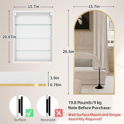 FKWin Medicine Cabinet with Mirror, Surface Mount Arched Design, 16x30 Inch | Medicine Cabinet Mirror, Reversible Door, Space-Saving Storage, Elegant Arched Design, Gold