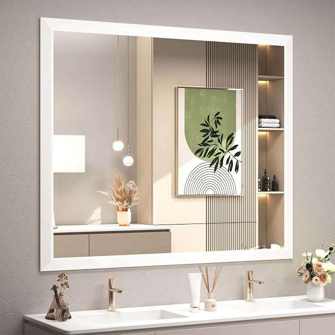 SMIROR 48x40 Matte White Bathroom Vanity Mirror for Over Sink | Metal Wide Frame, Rectangle, Right- Angle Corner, Anti-Rust, Horizontally or Vertically Wall- Mounted for Home Remodel
