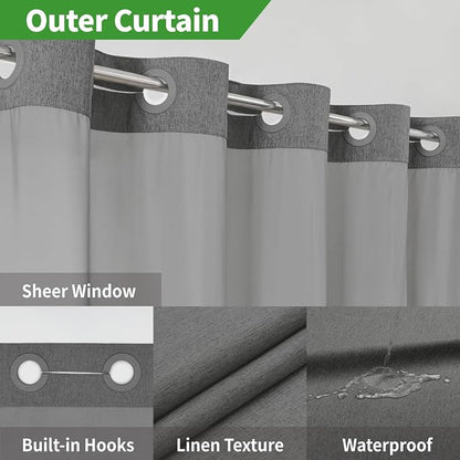 eachope No Hook Fabric Shower Curtain with Snap-in Liner,54x80Charcoal Grey | Linen Texture,230GSM Thick Fabric,Hotel Luxury Decor,Mesh Window,Waterproof & Machine Washable,for Shower Stall or Bathroom