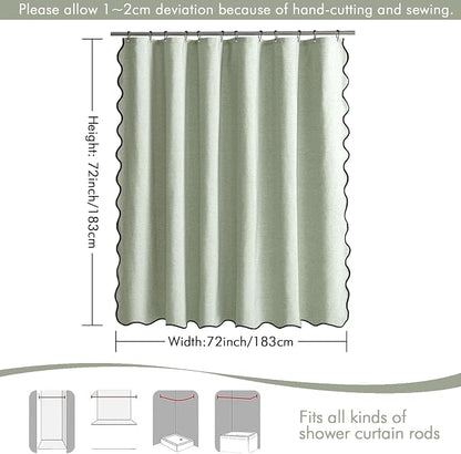MIULEE Sage Green Scalloped Linen Shower Curtain 72x72 Inches | Linen Textured, Waterproof, Washable, 12 Metal Hooks, Heavy Duty Cloth, Black Border, Shower Curtain for Bathroom Bathtub