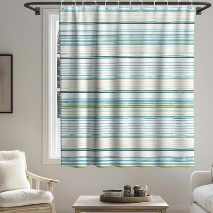 Neutral Minimalist Striped Shower Curtain, Ocean Modern Aesthetic Abstract Rustic Shower Curtains for Bathroom, Waterproof Bath Curtain with Hooks Machine Washable Bathtub Curtains 72x72 Inch Blue