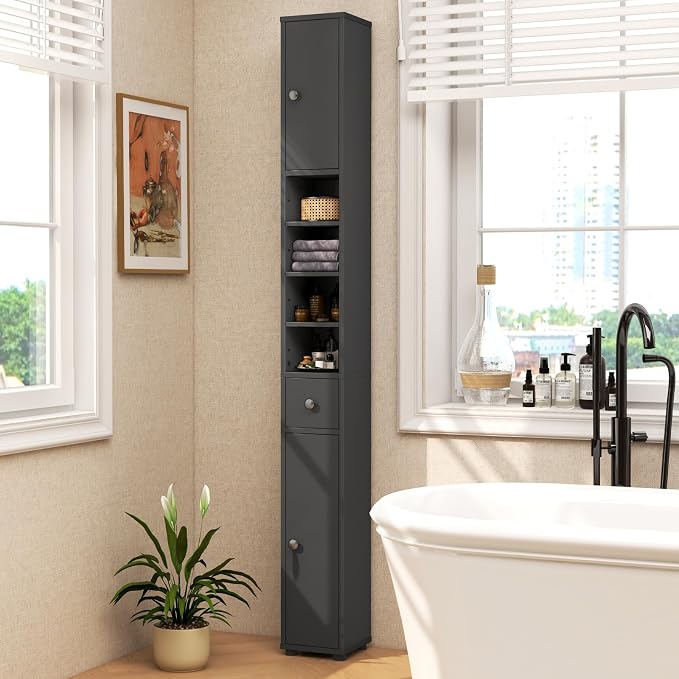 GIANTEX 71” Tall Slim Bathroom Storage Cabinet (Grey) | Narrow Floor Cabinet with 2 Doors, 5 Adjustable Shelves, 1 Drawer, Anti-Tipping Device for Small Spaces, Living Room, Kitchen