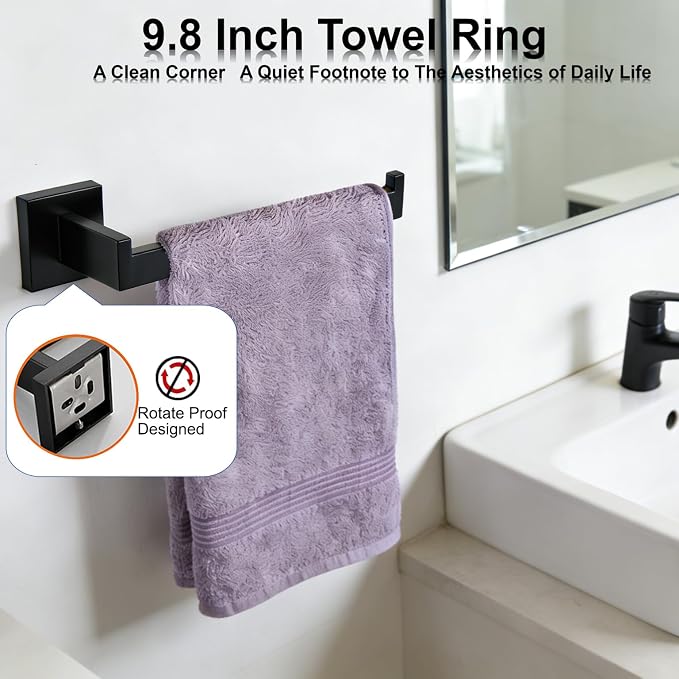 Bathroom Hardware Set 5 Piece Matte Black Bathroom Accessories Set SUS304 Towel Bar Set Includes 1 Towel Bar 24 Inch+1 Towel Holder+1 Toilet Paper Holder+2 Towel Hooks (5, Matte Black, 24 Inch)