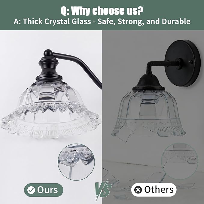 2 Lights Bathroom Vanity Light Fixtures, Vintage Black Vanity Lights for Bathroom, Farmhouse Antique Light Fixtures Over Mirror with Crystal Glass Shade