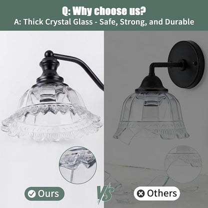 2 Lights Bathroom Vanity Light Fixtures, Vintage Black Vanity Lights for Bathroom, Farmhouse Antique Light Fixtures Over Mirror with Crystal Glass Shade