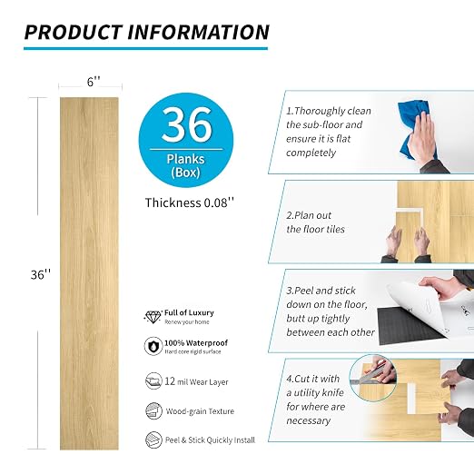 Art3d 36-Pack Wood Grain Peel and Stick Vinyl Flooring Tiles, Aspen Yellow | 18 & 54 sq.ft Options, Rigid Surface Hard Core, Waterproof, Self-Adhesive, Impact Resistant, Fit Indoor Household Spaces