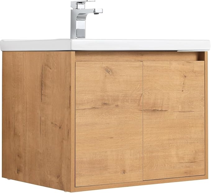 Blossom 24 Inch Classic Oak Plywood Bathroom Vanity with Ceramic Sink, Modern Wall Mounted Floating Bathroom Vanity Cabinet with Soft Close Doors and Moisture Resistant Finish