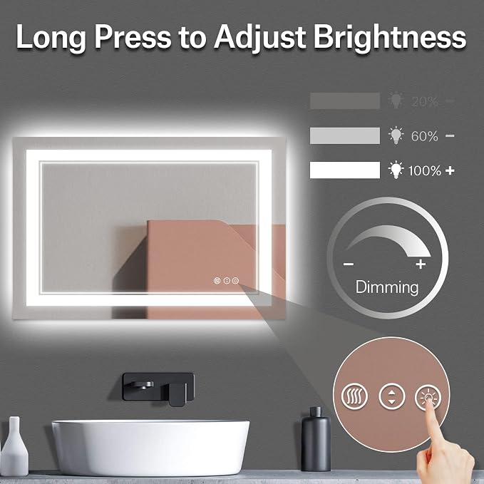 48x28 Inch LED Bathroom Mirror with Lights | Front and Backlit, 3 Colors, Dimmable, Memory, Anti Fog, Shatterproof, Horizontal/Vertical, Lighted Mirrors for Bathroom Wall
