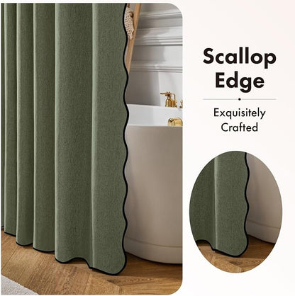 ANRODUO Olive Green Scalloped Linen Textured Shower Curtain, W72 x L80 | Boho Farmhouse Shower Curtain with 12 Metal Hooks, Machine Washable Waterproof Heavy Duty Fabric for Bathroom Bathtub