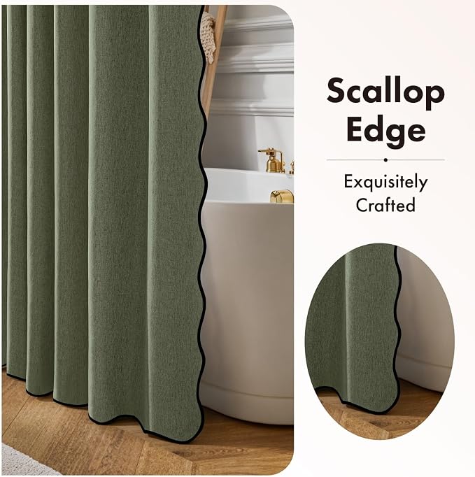 ANRODUO Olive Green Scalloped Linen Textured Shower Curtain, W72 x L84 | Boho Farmhouse Shower Curtain with 12 Metal Hooks, Machine Washable Waterproof Heavy Duty Fabric for Bathroom Bathtub