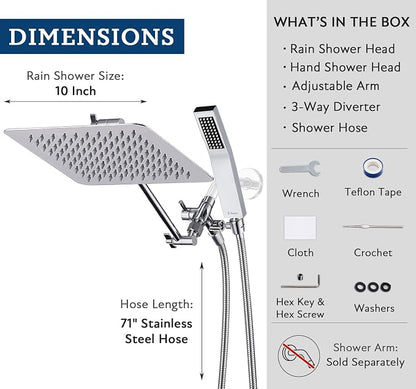 G-Promise All Metal 10" Dual Square Shower Head Combo | Rain Shower Head | Handheld Shower Wand | Adjustable | Smooth 3-Way Diverter | 71" Extra Long Hose - A Bathroom Upgrade (Chrome) | Built to Last, Easy Install, Adjustable Height & Angle for All He...