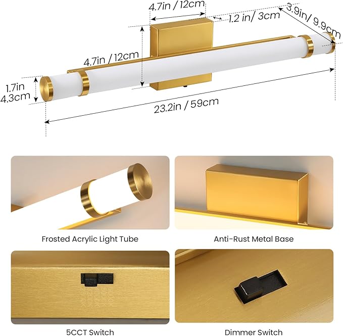 Gold Bathroom Light Fixtures - 23 Inch LED Modern Vanity Lights for Bathroom with Acrylic Shade 14W Dimmable 5CCT Bathroom Sconces Wall Lighting Over Mirror Cabinets(Built-in Dimmer)