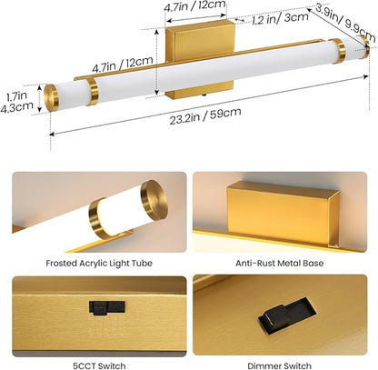 Gold Bathroom Light Fixtures - 23 Inch LED Modern Vanity Lights for Bathroom with Acrylic Shade 14W Dimmable 5CCT Bathroom Sconces Wall Lighting Over Mirror Cabinets(Built-in Dimmer)
