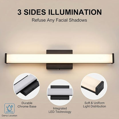 URSOLA 24" Modern LED Bathroom Light Fixtures, Matte Black 3CCT Dimmable Bathroom Vanity Light Over Mirror, Bathroom Vanity Bath Bar Lights with Double Layer Acrylic Shade