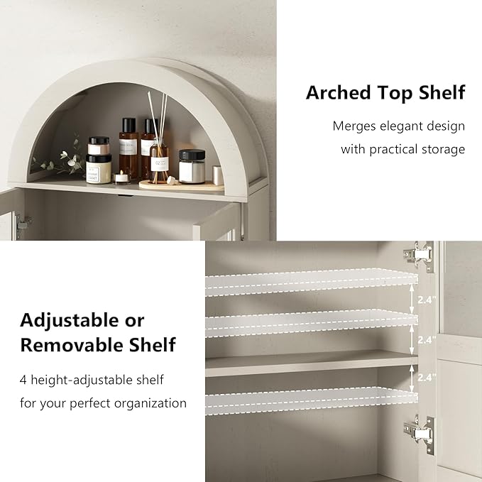 RUSTOWN Arched Bathroom Wall Cabinet with 2 Glass & Rattan Doors | Rattan Medicine Cabinet, Farmhouse Over the Toilet Storage Cabinet, Adjustable Shelves, 3-Tier Wall Mounted Cabinets
