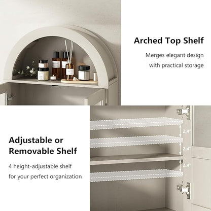 RUSTOWN Arched Bathroom Wall Cabinet with 2 Glass & Rattan Doors | Rattan Medicine Cabinet, Farmhouse Over the Toilet Storage Cabinet, Adjustable Shelves, 3-Tier Wall Mounted Cabinets