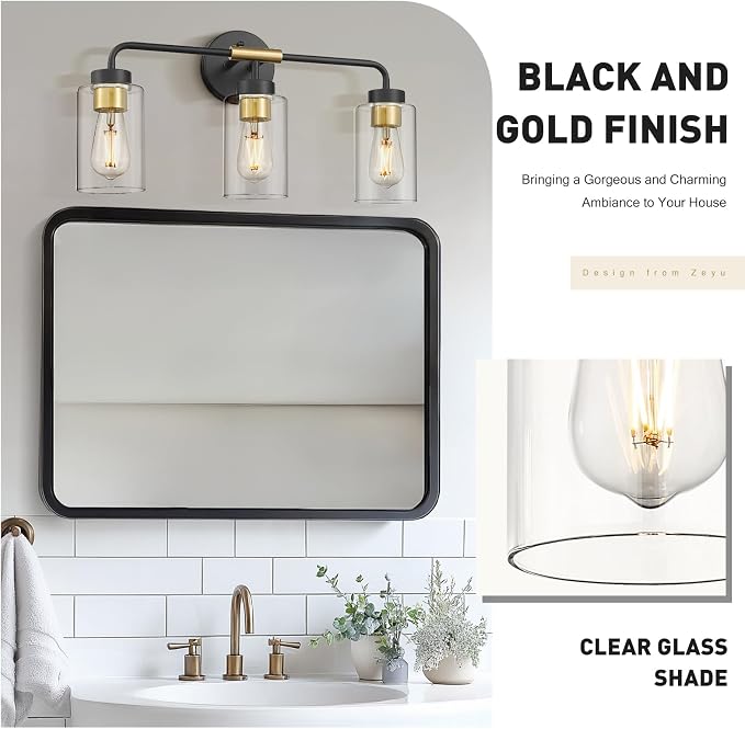 zeyu 3-Light Farmhouse Vanity Lights for Bathroom, 21 Inch Industrial Bath Wall Light Fixtures with Clear Glass Shade, Black and Gold Finish, ZS62B-3W BK+BG
