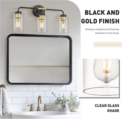 zeyu 3-Light Farmhouse Vanity Lights for Bathroom, 21 Inch Industrial Bath Wall Light Fixtures with Clear Glass Shade, Black and Gold Finish, ZS62B-3W BK+BG