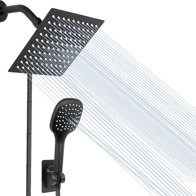 NearMoon Shower Head with Hose, High Pressure Stainless Steel Rain Shower and 3 Settings Handheld Spray Combo with Push Button Flow Control (8 Inch, Matte Black)