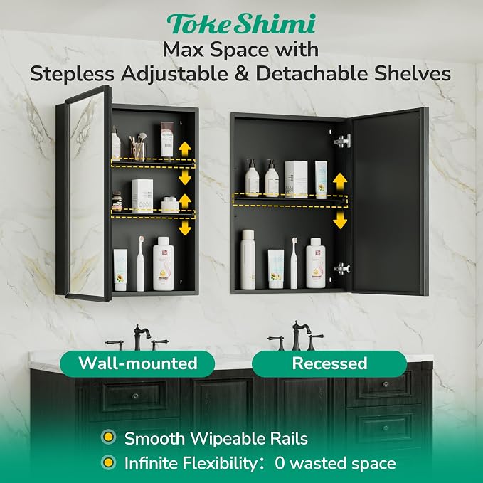 14 x 18 Recessed Medicine Cabinet, Assembly Required, Black Bathroom Medicine Cabinet with Mirror, Stepless Adjustable Shelves, Tempered Glass, Beveled Aluminum Frame