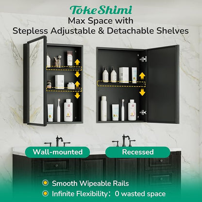 14 x 18 Recessed Medicine Cabinet, Assembly Required, Black Bathroom Medicine Cabinet with Mirror, Stepless Adjustable Shelves, Tempered Glass, Beveled Aluminum Frame