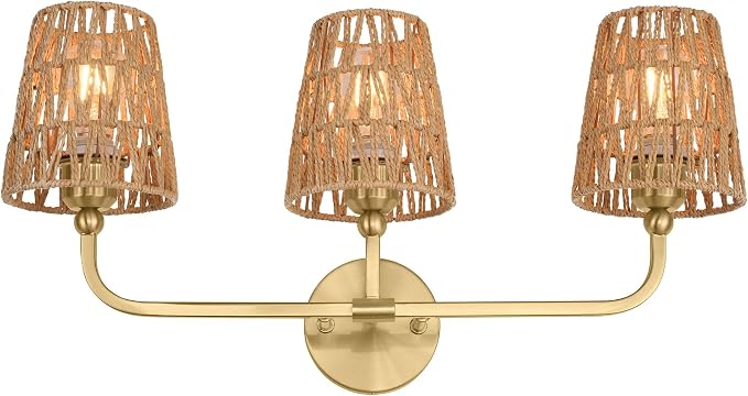 3-Light Brushed Gold Bathroom Vanity Light, Handwoven Rattan Shades | Ideal for 28-38" mirrors, 24.5" bathroom light fixtures over mirror, upward only, E26 base, bulbs not included, VL837-BG-RA-3