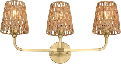 3-Light Brushed Gold Bathroom Vanity Light, Handwoven Rattan Shades | Ideal for 28-38" mirrors, 24.5" bathroom light fixtures over mirror, upward only, E26 base, bulbs not included, VL837-BG-RA-3