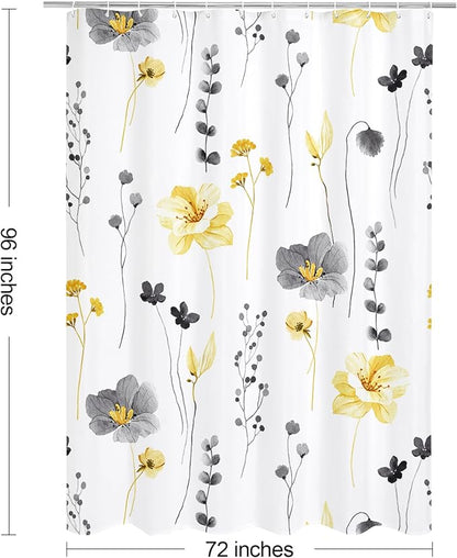 Yellow Beige Watercolor Floral Fabric Shower Curtain, 72x96 | Waterproof Fabric, Modern Minimalist Floral Print, Machine Washable, Rustproof Grommets, for Bathroom Home, Extra Long