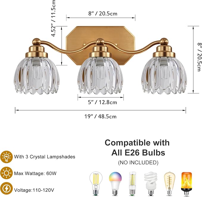 Bathroom Vanity Light, Gold Vintage Tulip Glass Shade, Antique Brass Finish | 3 Light Brushed Gold Bathroom Light Fixtures, Crystal Wall Sconce, Mounted Over Mirror for Bedroom Hallway, Easy to Install