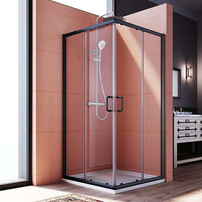 ELEGANT Corner Shower Enclosure with Shower Base, 36 in.D x 36 in. W x 72 in. H Corner Shower Door with 1/4 in. Tempered Glass, Double Sliding Shower Doors in Black