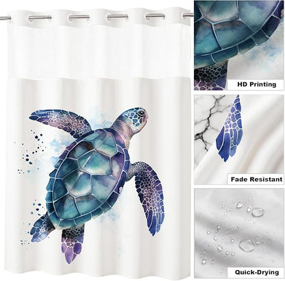 Funny Sea Turtle Shower Curtains Ocean Animal Cartoon Kids Theme No Hook Waffle Weave Shower Curtain with Snap in Liner Polyester Fabric Bathroom Decor Set 60 W x 74 H Inch Teal Purple