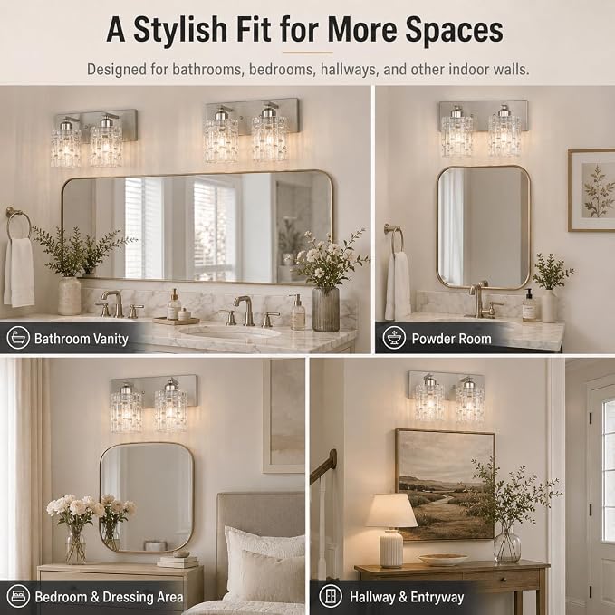 2-Light Nickel Crystal Bathroom Vanity Light Fixture Over Mirror, Modern Bathroom Wall Light for Living Room, Bedroom, Hallway