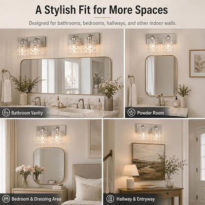 2-Light Nickel Crystal Bathroom Vanity Light Fixture Over Mirror, Modern Bathroom Wall Light for Living Room, Bedroom, Hallway