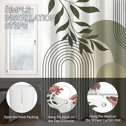 Boho Sage Green Shower Curtain Mid Century Modern Abstract Plant Botanical Bathroom Curtain Minimalist Neutral Geometric Arch Bath Decor Polyester Set with Hooks 48x72 inch