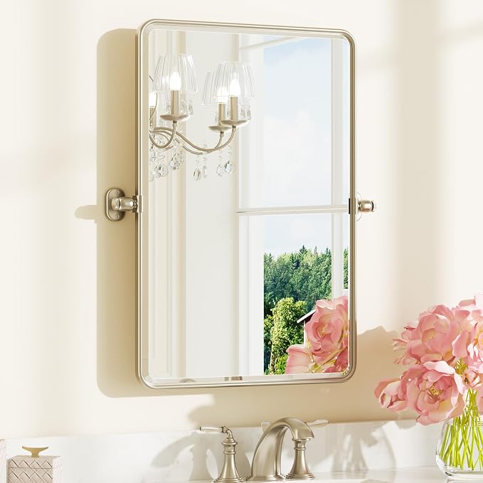 Keonjinn 20x30 Inch Brushed Nickel Povit Mirror for Bathroom, Tilt Mirror | Tenmpered Glass, Rectangle, Adjustable Bathroom Mirrors for Over Sink, Farmhouse, Metal Framed, Horizontal/Vertical