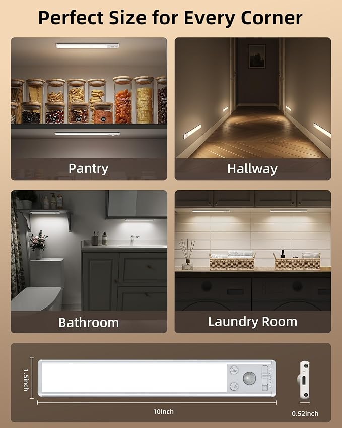 EZVALO 10inch Under Cabinet Lighting, 2500mAh Rechargeable Motion Sensor Lights Indoor with 3 Color Temps, 2 Pack Magnetic Closet Light, 80 LED Dimmable Under Counter Lights for Kitchen, Shelf, Stair
