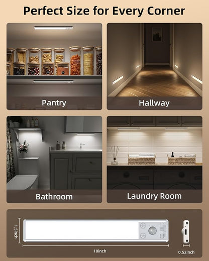 EZVALO 10inch Under Cabinet Lighting, 2500mAh Rechargeable Motion Sensor Lights Indoor with 3 Color Temps, 2 Pack Magnetic Closet Light, 80 LED Dimmable Under Counter Lights for Kitchen, Shelf, Stair