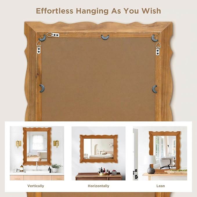 Besdomus Farmhouse Wooden Bathroom Mirror: 32" x 24" Light Brown Wood Mirror for Vanity/Entryway/Wall Decor - Ideal for Country Style Lovers