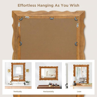 Besdomus Farmhouse Wooden Bathroom Mirror: 32" x 24" Light Brown Wood Mirror for Vanity/Entryway/Wall Decor - Ideal for Country Style Lovers