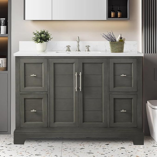 HOMEBEYOND 48 Inch Bathroom Vanity with Single Sink & Ceramic Top, Vanity Cabinet with Center Countertop Basin, Soft-Closing Doors, Backsplash,Sliver Grey